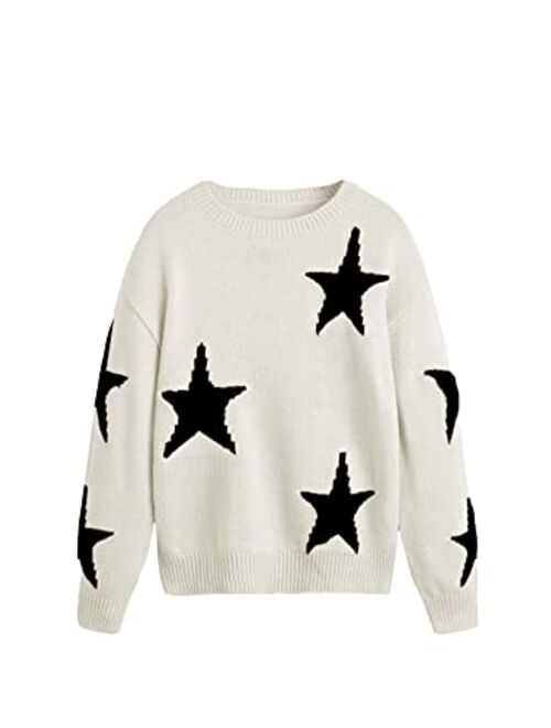 WDIRARA Girl's Star Pattern Round Neck Long Sleeve Sweater Casual Tops