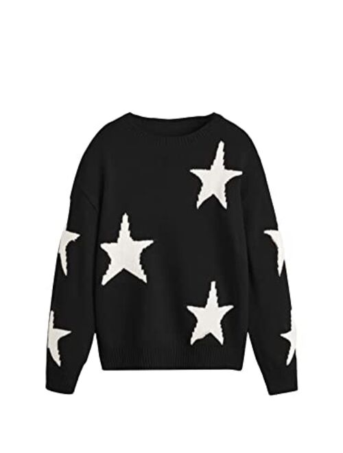 WDIRARA Girl's Star Pattern Round Neck Long Sleeve Sweater Casual Tops