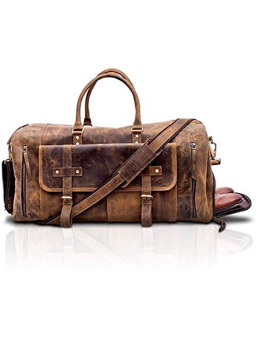 KomalC Leather Travel Duffel Bags for Men and Women Full Grain Leather Overnight Weekend Leather Bags Sports Gym Duffle.