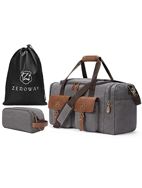 Zeroway PU Leather Travel Duffel Bag with Shoe Pouch Large Carry on Bag Waterproof Weekender Overnight Bag for Men Women Brown