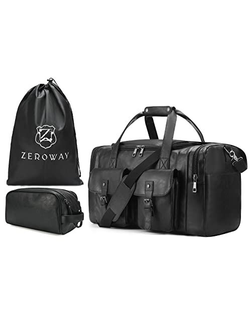 Zeroway PU Leather Travel Duffel Bag with Shoe Pouch Large Carry on Bag Waterproof Weekender Overnight Bag for Men Women Brown