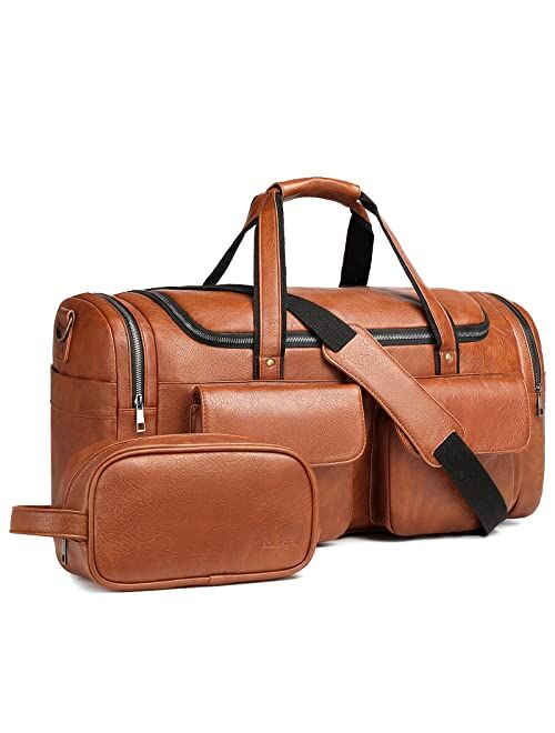 Bolosta Travel Duffel Bag for Men, Large PU Leather Carry on Duffle Bag for Traveling, Waterproof Duffel Bag for Men Overnight Weekender Gym Bag with Shoe Compartment - P