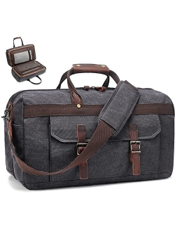 Soaeon Duffle Bag for Men Waterproof Genuine Leather Canvas Travel Duffel Bags for Women Overnight Weekender Bag for Traveling, Grey