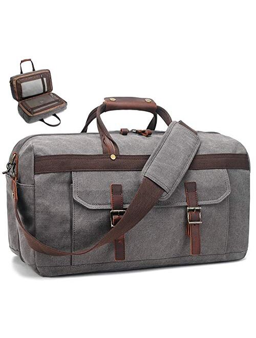 Soaeon Duffle Bag for Men Waterproof Genuine Leather Canvas Travel Duffel Bags for Women Overnight Weekender Bag for Traveling, Grey