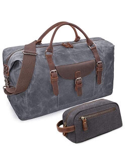 Newhey Oversized Travel Duffel Bag Waterproof Canvas Genuine Leather Weekend bag Weekender Overnight Carryon Hand Bag Brown