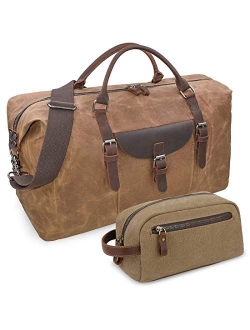 Newhey Oversized Travel Duffel Bag Waterproof Canvas Genuine Leather Weekend bag Weekender Overnight Carryon Hand Bag Brown