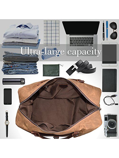 Newhey Oversized Travel Duffel Bag Waterproof Canvas Genuine Leather Weekend bag Weekender Overnight Carryon Hand Bag Brown