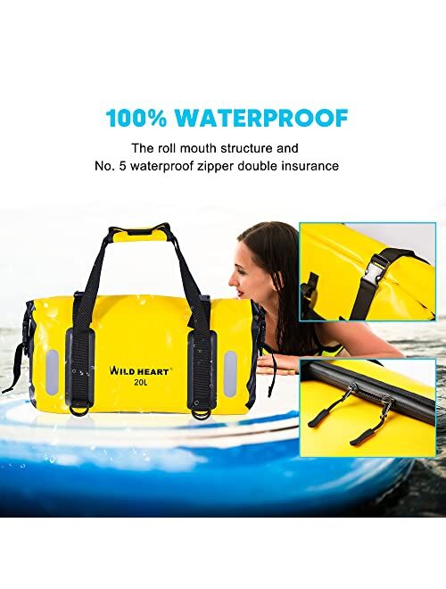 WILD HEART Waterproof Bag Duffel Bag 20L 30L 40L with Welded Seams Shoulder Straps, Mesh Pocket for Kayaking, Camping, Boating,Bicycle,Motorcycle