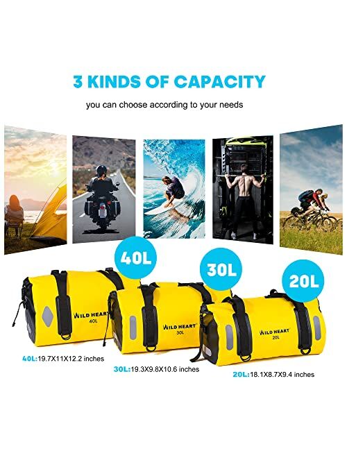 WILD HEART Waterproof Bag Duffel Bag 20L 30L 40L with Welded Seams Shoulder Straps, Mesh Pocket for Kayaking, Camping, Boating,Bicycle,Motorcycle