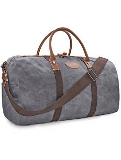 Newhey Travel Duffel Bag Waterproof Canvas Overnight Bag Leather Weekend Oversized Carryon Handbag Brown