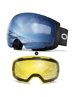 Odoland Magnetic Interchangeable Ski Goggles with 2 Lens, Large Spherical Frameless Snow Snowboard Goggles for Men Women