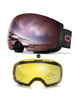 Odoland Magnetic Interchangeable Ski Goggles with 2 Lens, Large Spherical Frameless Snow Snowboard Goggles for Men Women