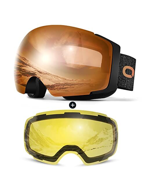 Odoland Magnetic Interchangeable Ski Goggles with 2 Lens, Large Spherical Frameless Snow Snowboard Goggles for Men Women