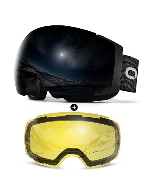 Odoland Magnetic Interchangeable Ski Goggles with 2 Lens, Large Spherical Frameless Snow Snowboard Goggles for Men Women