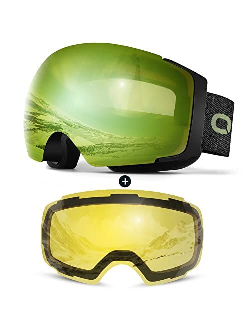 Odoland Magnetic Interchangeable Ski Goggles with 2 Lens, Large Spherical Frameless Snow Snowboard Goggles for Men Women