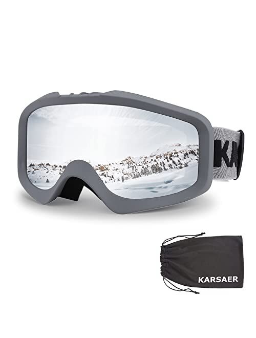 Karsaer Ski Goggles Anti-Fog Snow Goggles OTG 100% UV Protection Snowboard Goggles Bendable Dual-Lenses for Men Women Youth