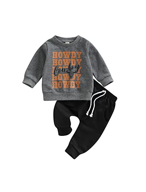 allshope Newborn Baby Boy Spring Clothes Set Letter Cow Head Print Long Sleeve Sweatshirt with Solid Trousers Fall Outfits