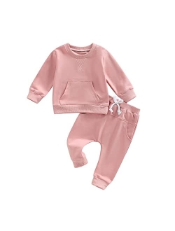 allshope Toddler Baby Boy Girl Outfit Solid Crewneck Long Sleeve Pocket Sweatshirt Top Elastic Waist Pant Jogger Clolthes Set