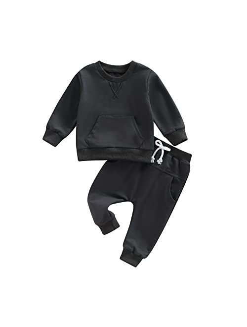 allshope Toddler Baby Boy Girl Outfit Solid Crewneck Long Sleeve Pocket Sweatshirt Top Elastic Waist Pant Jogger Clolthes Set