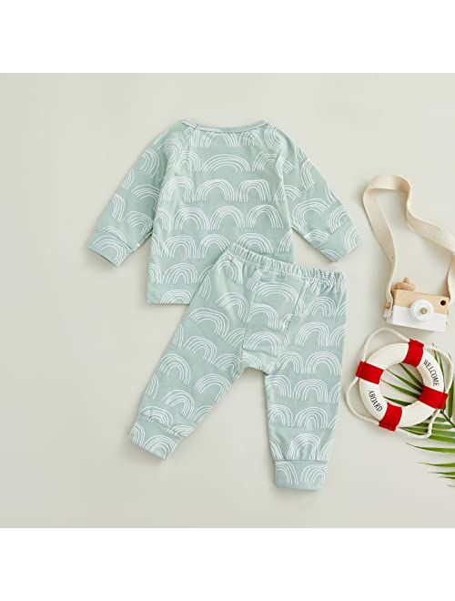 Allshope Toddler Baby Girls Boys Clothes Outfit Rainbow Print Long Sleeve Pullover with Stretch Casual Pants Set Fall Outfits