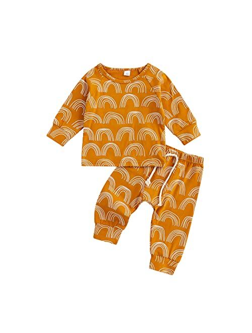 Allshope Toddler Baby Girls Boys Clothes Outfit Rainbow Print Long Sleeve Pullover with Stretch Casual Pants Set Fall Outfits