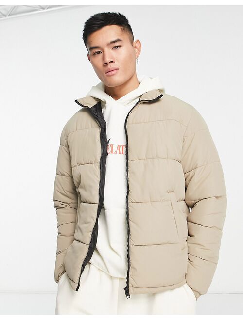 Jack & Jones funnel neck puffer jacket in stone