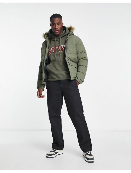 Jack & Jones short bomber jacket with faux fur hood in dusty green