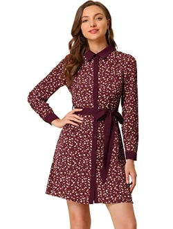 Women's Contrast Collar Button Front Vintage Long Sleeve Floral Shirt Dress