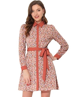 Women's Contrast Collar Button Front Vintage Long Sleeve Floral Shirt Dress