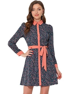 Women's Contrast Collar Button Front Vintage Long Sleeve Floral Shirt Dress