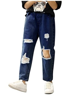 AMEBELLE Big Girls Kids' Ripped Jeans Elastic Waist Printed Hole Denim Pants