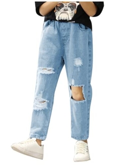 AMEBELLE Big Girls Kids' Ripped Jeans Elastic Waist Printed Hole Denim Pants