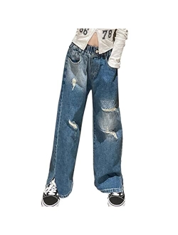 Milokado OnlyAngel Kids Girls Washed Elastic Waist Baggy Wide Leg Jeans Size 4-14 Years