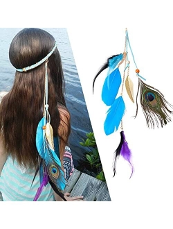 ESH7 Boho Peacock Feather Headband Hippie Jewelry Gifts Native American Indian Costume Festival Hair Accessories Bohemian Clothing Dresses for Women & Girls, colorful, Me