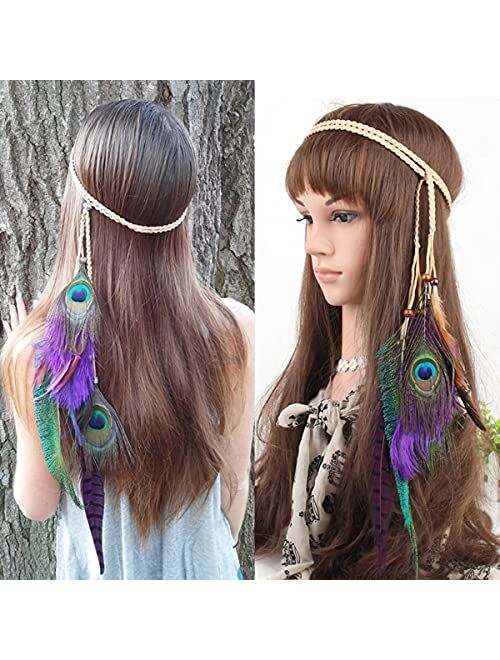 ESH7 Boho Peacock Feather Headband Hippie Jewelry Gifts Native American Indian Costume Festival Hair Accessories Bohemian Clothing Dresses for Women & Girls, colorful, Me