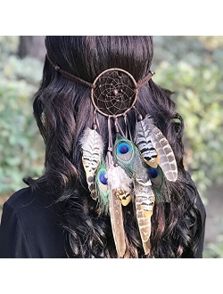 Campsis Indian Peacock Feather Headbands Boho Princess Head Chain Bule Adjust Headdress Handmade Rope Hair Accessories for Women and Girls (C)