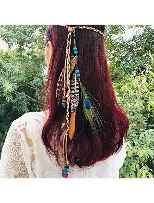 Campsis Indian Peacock Feather Headbands Boho Princess Head Chain Bule Adjust Headdress Handmade Rope Hair Accessories for Women and Girls (C)