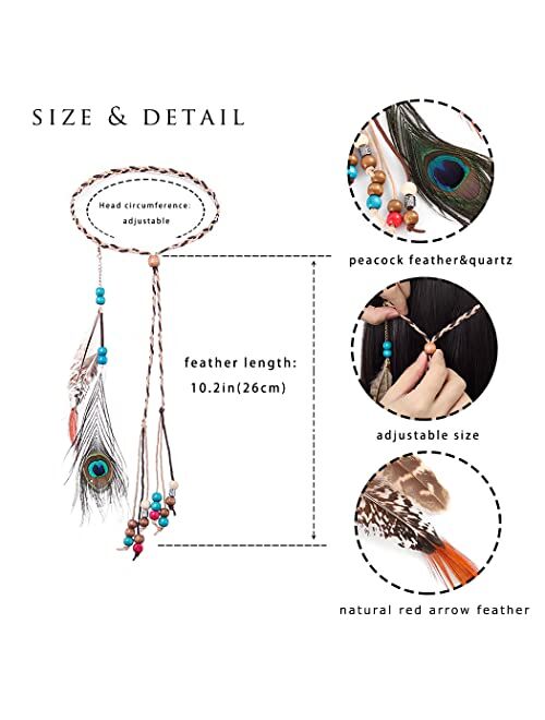 Campsis Indian Peacock Feather Headbands Boho Princess Head Chain Bule Adjust Headdress Handmade Rope Hair Accessories for Women and Girls (C)