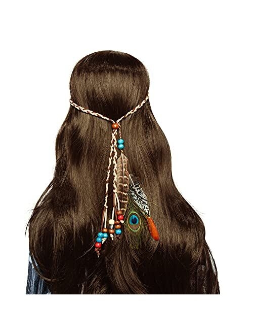 obmwang Boho Feather Headbands Indian Feather Headband Peacoak Headpieces Festival Costumes Hair Accessories for Women and Girls