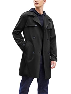 Men's Trench Coat Slim Fit Notch Lapel Double Breasted Belted Lightweight Windbreaker