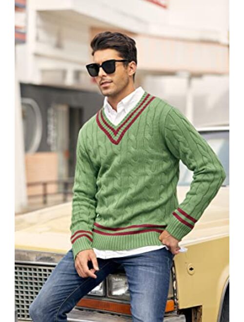 PASLTER Mens Pullover SweaterCableKnitV Neck Cotton Knitwear Sweater(White,Green,Orange.)