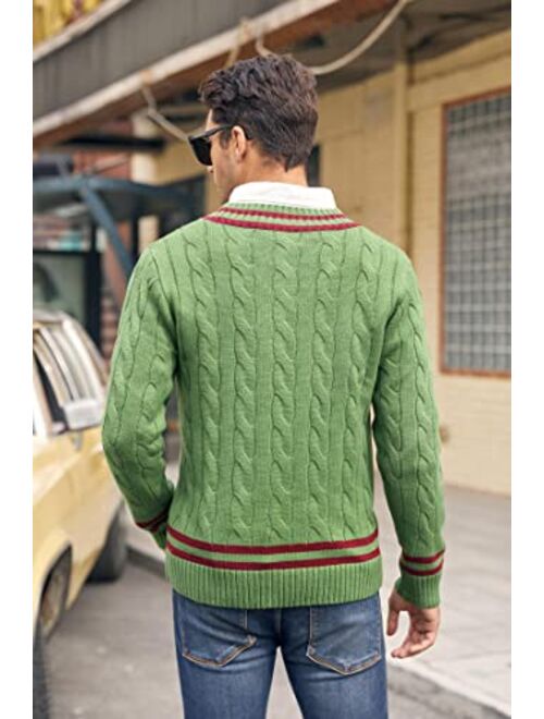 PASLTER Mens Pullover SweaterCableKnitV Neck Cotton Knitwear Sweater(White,Green,Orange.)