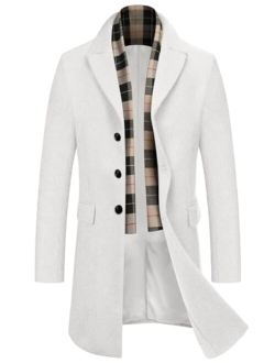 Men's Wool Blend Coat with Detachable Plaid Scarfs Notched Collar Single Breasted Pea Coat