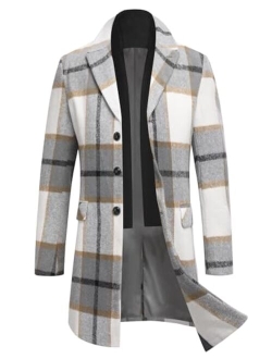 Men's Wool Blend Coat with Detachable Plaid Scarfs Notched Collar Single Breasted Pea Coat