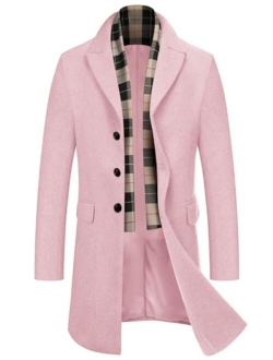 Men's Wool Blend Coat with Detachable Plaid Scarfs Notched Collar Single Breasted Pea Coat