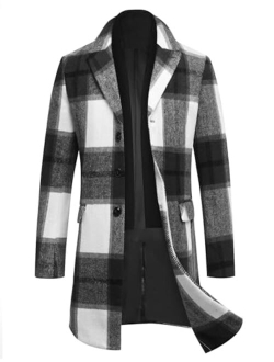 Men's Wool Blend Coat with Detachable Plaid Scarfs Notched Collar Single Breasted Pea Coat