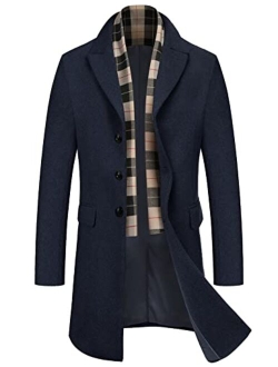 Men's Wool Blend Coat with Detachable Plaid Scarfs Notched Collar Single Breasted Pea Coat