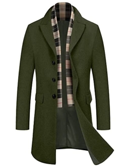 Men's Wool Blend Coat with Detachable Plaid Scarfs Notched Collar Single Breasted Pea Coat