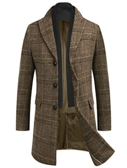 Men's Wool Blend Coat with Detachable Plaid Scarfs Notched Collar Single Breasted Pea Coat