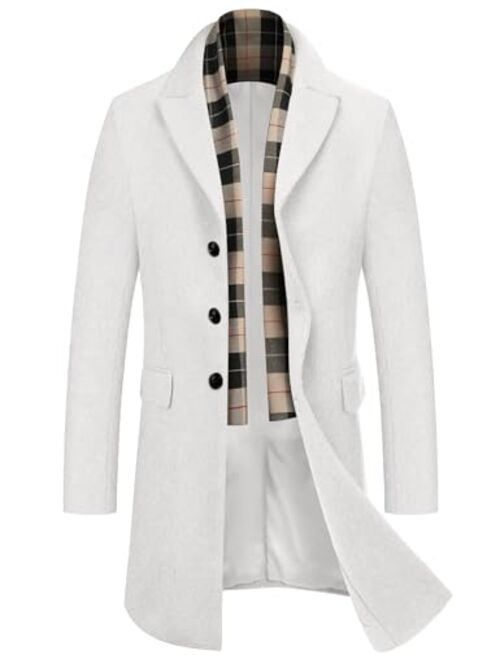 COOFANDY Men's Wool Blend Coat with Detachable Plaid Scarfs Notched Collar Single Breasted Pea Coat